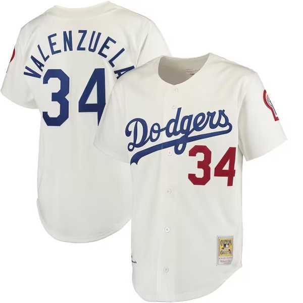 Men%27s Los Angeles Dodgers #34 Fernando Valenzuela Cream Mitchell & Ness Stitched Baseball Jersey Dzhi->los angeles dodgers->MLB Jersey